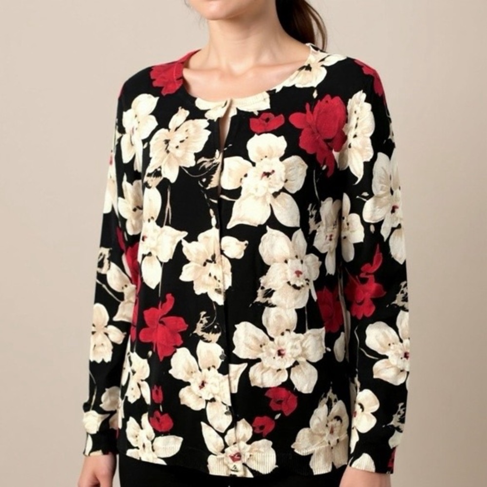 Cece by Cybthia Steffe Cotton Cashmere Floral Button Cardigan Size Small